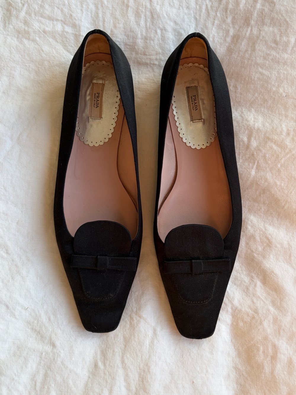 Vintage Prada Bow Satin Silk Loafer Pointy Toe Ballet Flats Black 90s Y2K - Picture 3 of 9